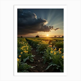 Field Of Yellow Flowers At Sunset Art Print