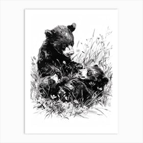 Malayan Sun Bear Playing Together In A Meadow Ink Illustration 3 Art Print