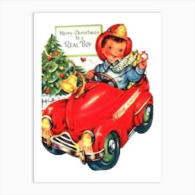 Little Boy In His New Toy A Fire Track, Christmas Greeting Art Print