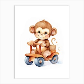 Baby Monkey On A Toy Car, Watercolour Nursery 3 Art Print