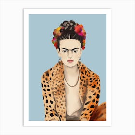 Frida Kahlo Leopard Print, Hellblau, Minimalistic Kreativ Art Art Print