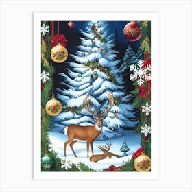 Christmas Tree With Deer Art Print