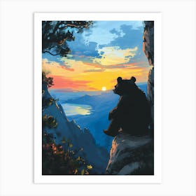 American Black Bear Looking At A Sunset From A Mountain Storybook Illustration 4 Art Print