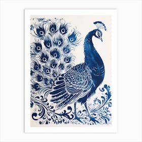 Navy Blue Peacock Linocut Portrait 2 Art Print