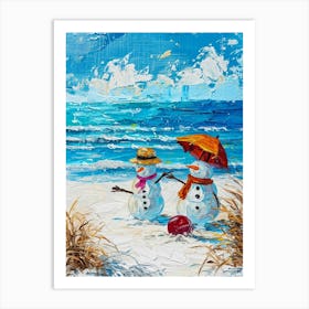 Snowmen On The Beach Painting 1 Art Print