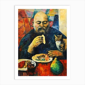 Portrait Of A Man With Cats Having Lunch Art Print