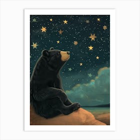 American Black Bear Looking At A Starry Sky Storybook Illustration 2 Art Print