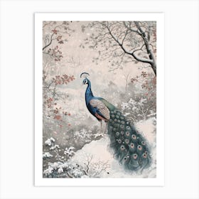 Vintage Peacock Snow Scene 1 Art Print