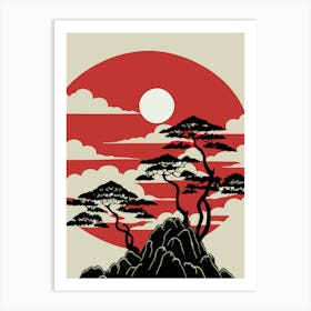 Mountains Sunset Sunrise Tree Japanese Travel Scenery Concept Sakura Bonsai Clouds Nature Landscape Art Print