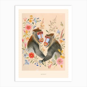 Folksy Floral Animal Drawing Monkey Poster Art Print