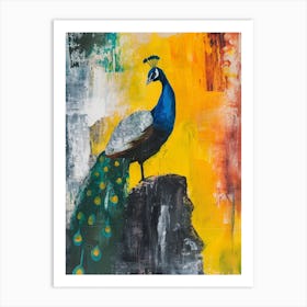 Brushstrokes Blue & Mustard Peacock Art Print