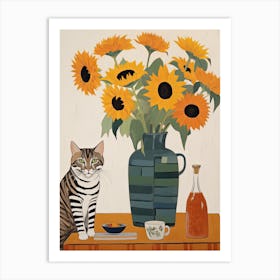 Sunflower Flower Vase And A Cat, A Painting In The Style Of Matisse 1 Art Print