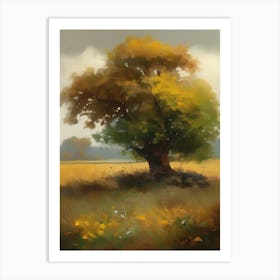 Oak tree, fine work of art, misty atmosphere, green meadow..13 Art Print