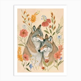 Folksy Floral Animal Drawing Wolf 4 Art Print