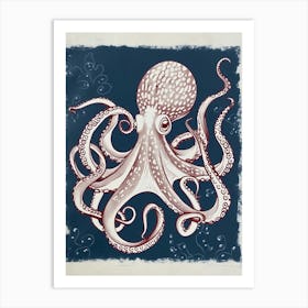 Navy Blue & Red Linocut Inspired Octopus Art Print