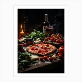 Pizza With Wine And Vegetables 1 Art Print