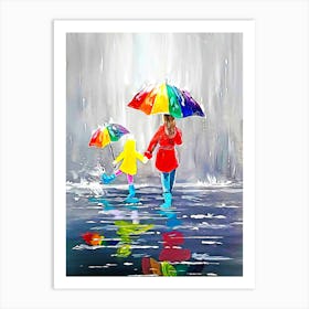 Mother And Daughter In The Rain Art Print