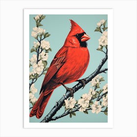 Vintage Bird Linocut Northern Cardinal 3 Art Print
