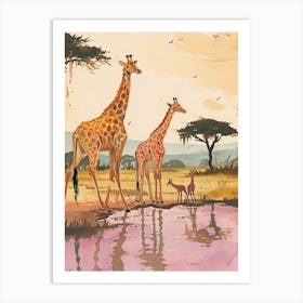Giraffe With Other Animals By The Lake 2 Art Print