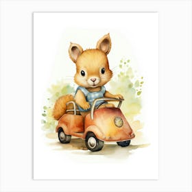 Baby Squirrel On A Toy Car, Watercolour Nursery 2 Art Print