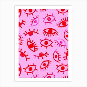 Linoprint Eyes in Red and Pink Art Print