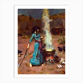 The Magic Circle by John William Waterhouse - Remastered Oil Painting Mythological Pagan Witchy Fairytale Dreamy Occult Magick Goddess Featuring The Blue Dress, Cauldron, Smoke, Frog and Crows Art Print