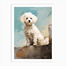 Bichon Frise Dog, Painting In Light Teal And Brown 3 Art Print