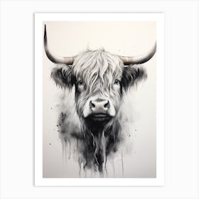 Black & White Watercolour Illustration Of Highland Cow 1 Art Print