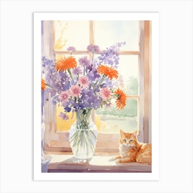 Cat With Daises Flowers Watercolor Mothers Day Valentines 3 Art Print