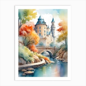 Watercolor Castle By The River Art Print