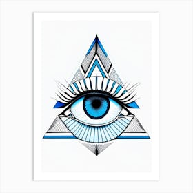Geometric Eye, Symbol, Third Eye Blue & White 1 Art Print