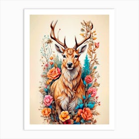 Deer With Flowers Art Print