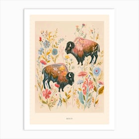 Folksy Floral Animal Drawing Bison 2 Poster Art Print
