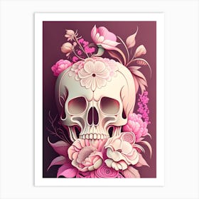 Skull With Intricate 1 Linework Pink Vintage Floral Art Print