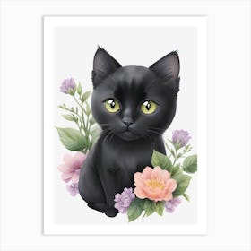 Black Cat With Flowers 2 Art Print