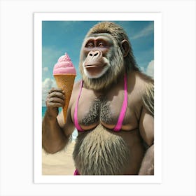 Gorrila Eats Pink Ice Cream On The Beach Art Print