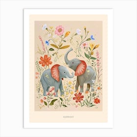 Folksy Floral Animal Drawing Elephant 1 Poster Art Print