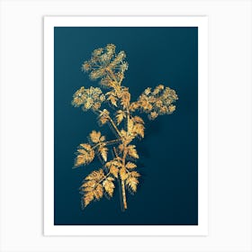 Vintage Hemlock Flowers Botanical in Gold on Teal Blue n.0244 Art Print