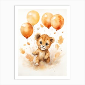 Lion Flying With Autumn Fall Pumpkins And Balloons Watercolour Nursery 2 Art Print