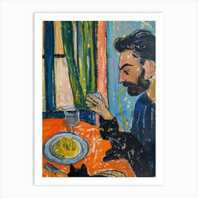 Man With Cats Eating Pasta Art Print