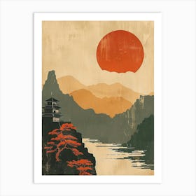 Japan Lake At Sunset Mid Century Modern Art Print