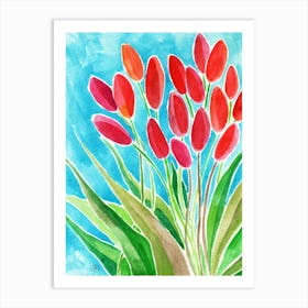 Fresh Tulips - watercolor painting hand painted floral flower vertical teal red green blue living room kitchen Art Print