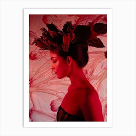 Surreal Side Profile Of A Woman Composed Of Rhubarb Stalks And Crimson Leaves As Hair Set Against A Art Print