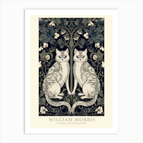 William Morris  Inspired  Classic Cats Blue Floral Art Print