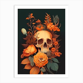 Skull With Floral Patterns 1 Orange Botanical Art Print