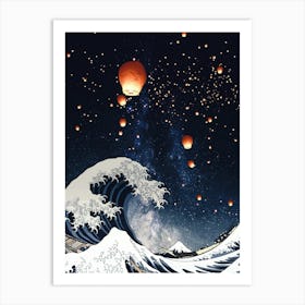 The Big Wave And Japanese Lanterns Art Print