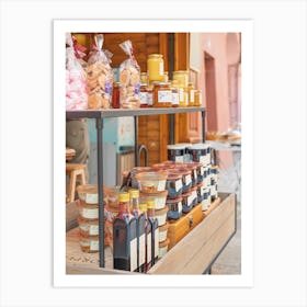 Local produce in a stall in Bourg St. Mortiz in France - summer pastel pink street and travel photography by Christa Stroo Photography Art Print