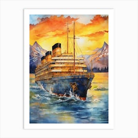 Titanic Ship At Sunset Sea Watercolour 2 Art Print