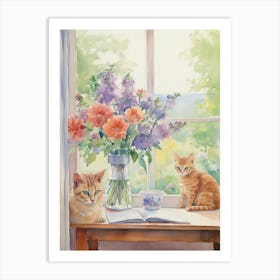 Cat With Lilly Of The Valley Flowers Watercolor Mothers Day Valentines 2 Art Print