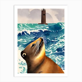Sea Lion Vintage Graphic Watercolour Art Print